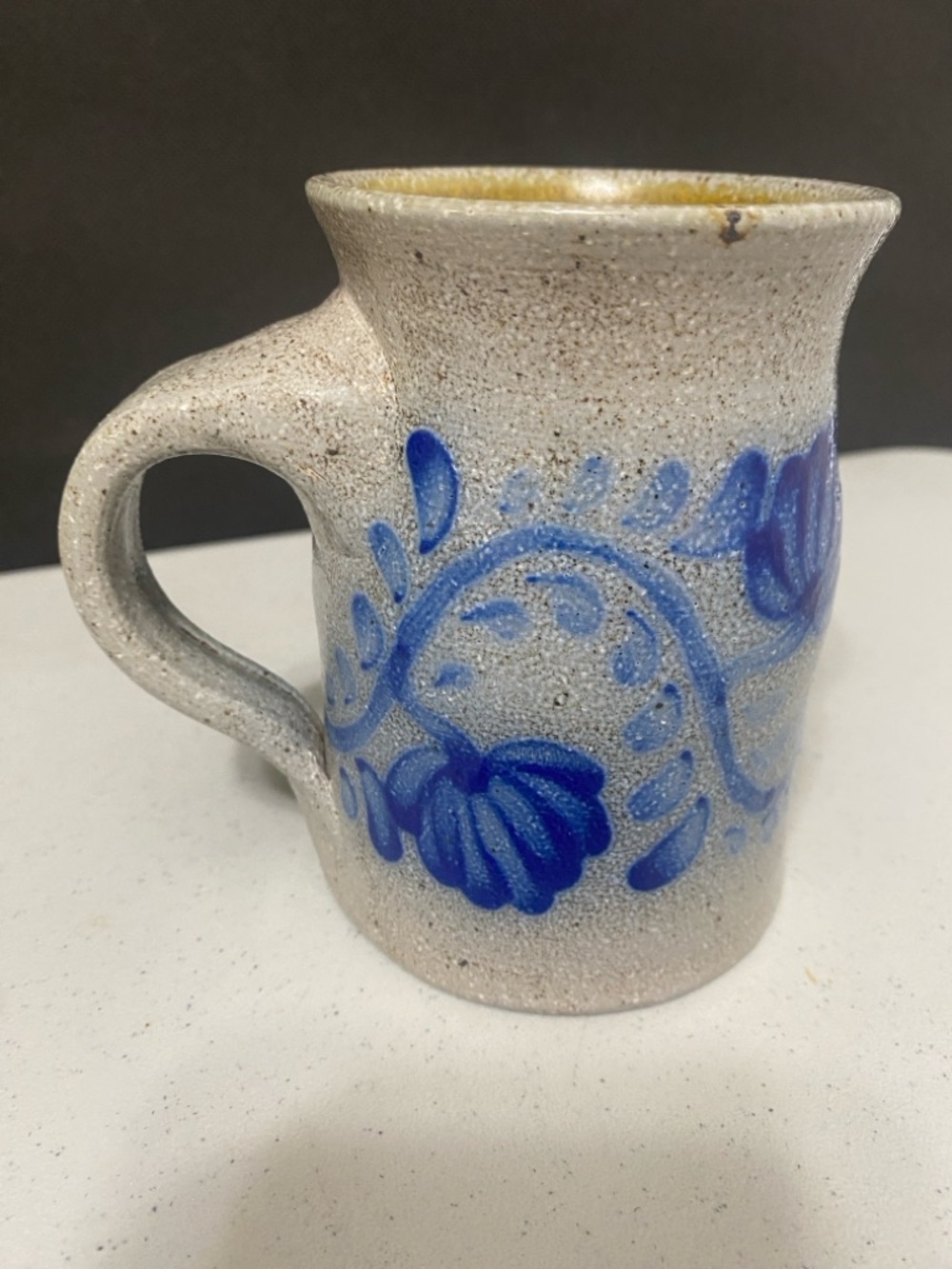 Artisan Hand Thrown Pottery Mug Gray Blue Floral Pattern with Handle - Signed